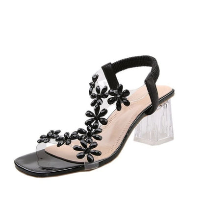 Women's Square Heel Sandal with Flower Stones