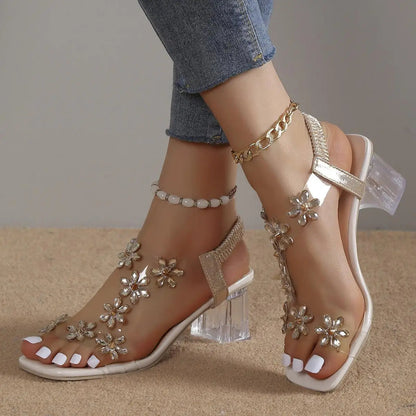 Women's Square Heel Sandal with Flower Stones