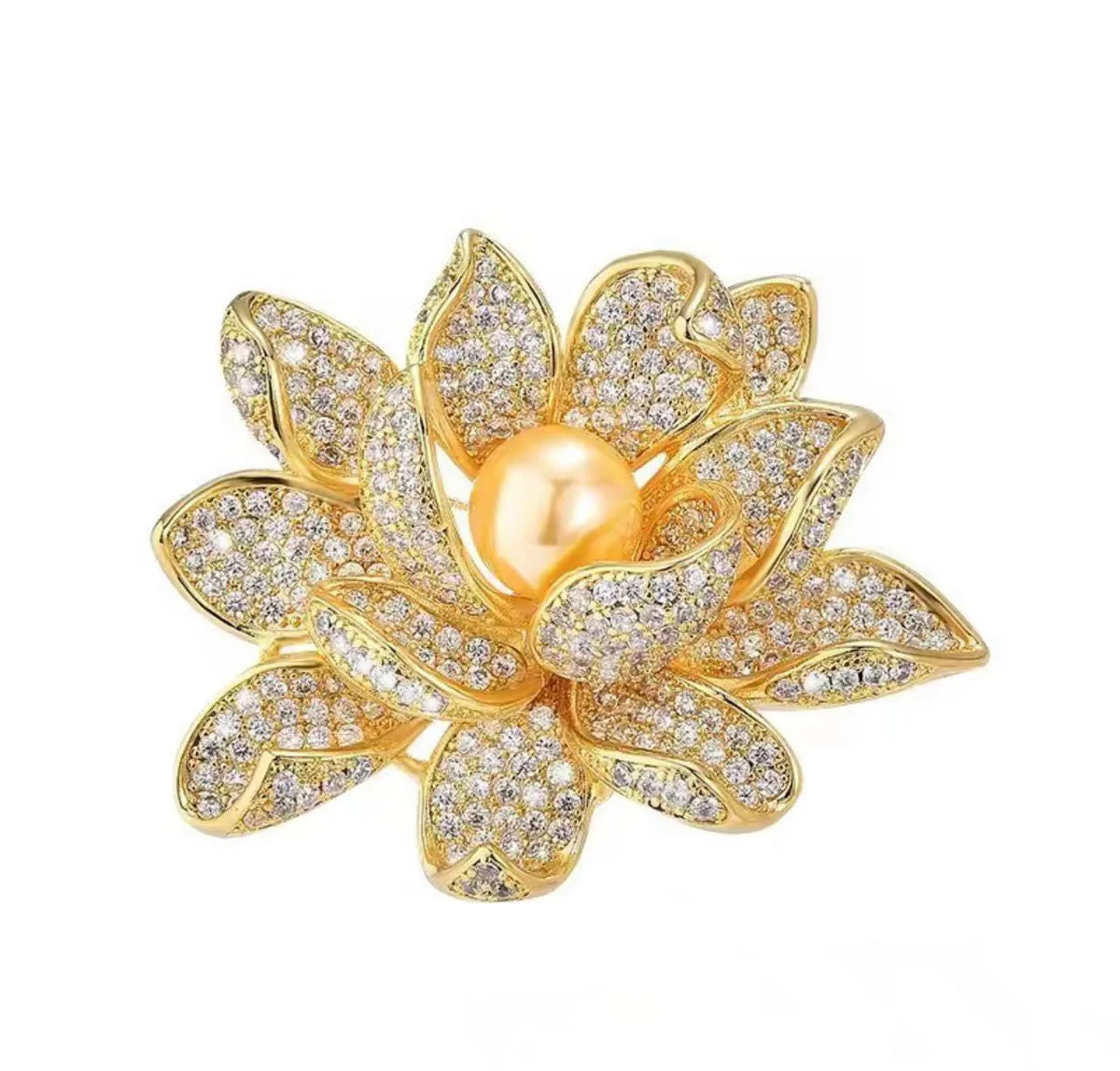 Faux Pearl Crystal Lotus Flower Brooch