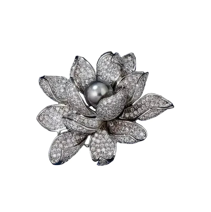 Faux Pearl Crystal Lotus Flower Brooch
