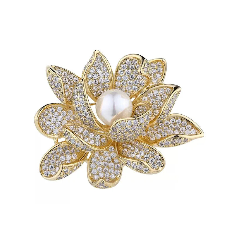 Faux Pearl Crystal Lotus Flower Brooch – product view