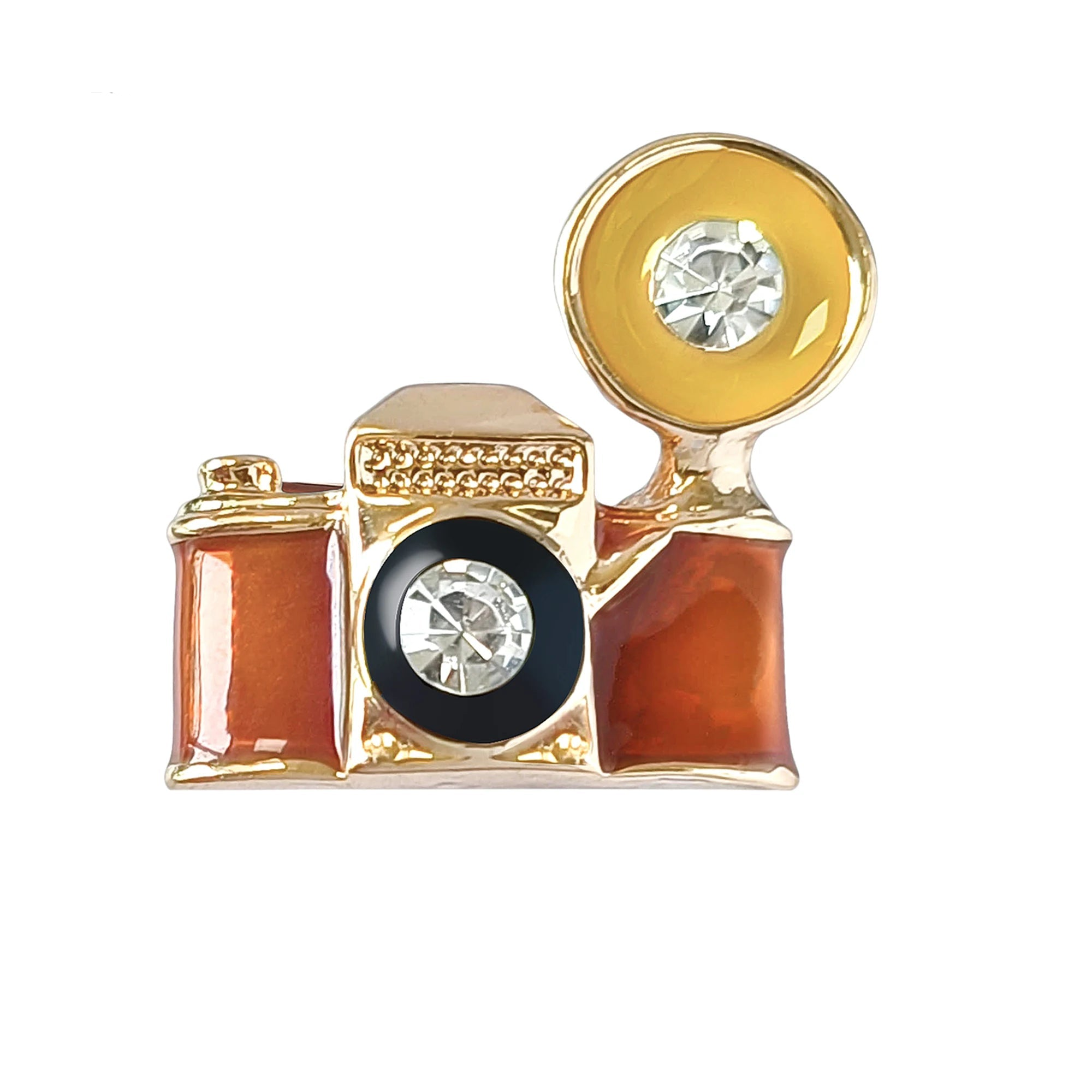 Vintage Enamel Crystal Camera Brooch – product view