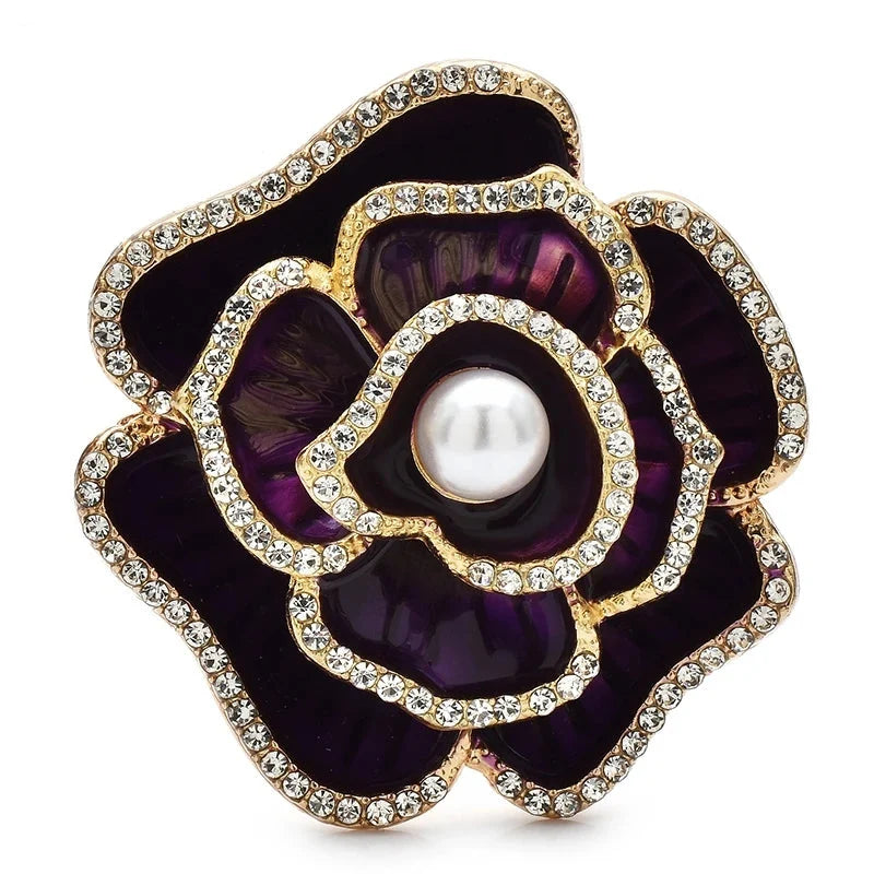 Enamel Crystal Camellia Flower Brooch