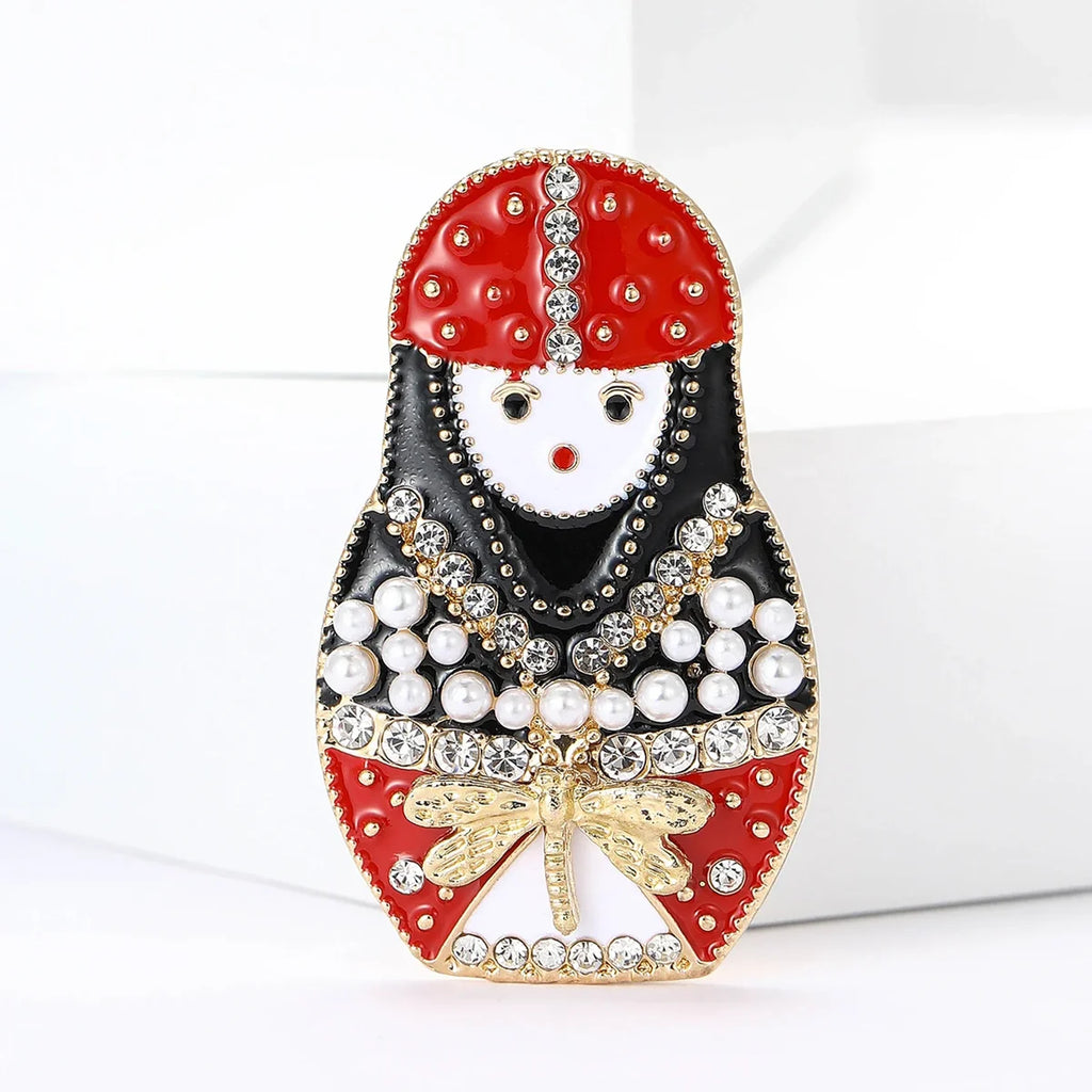 Enamel Crystal Matryoshka Doll Brooch