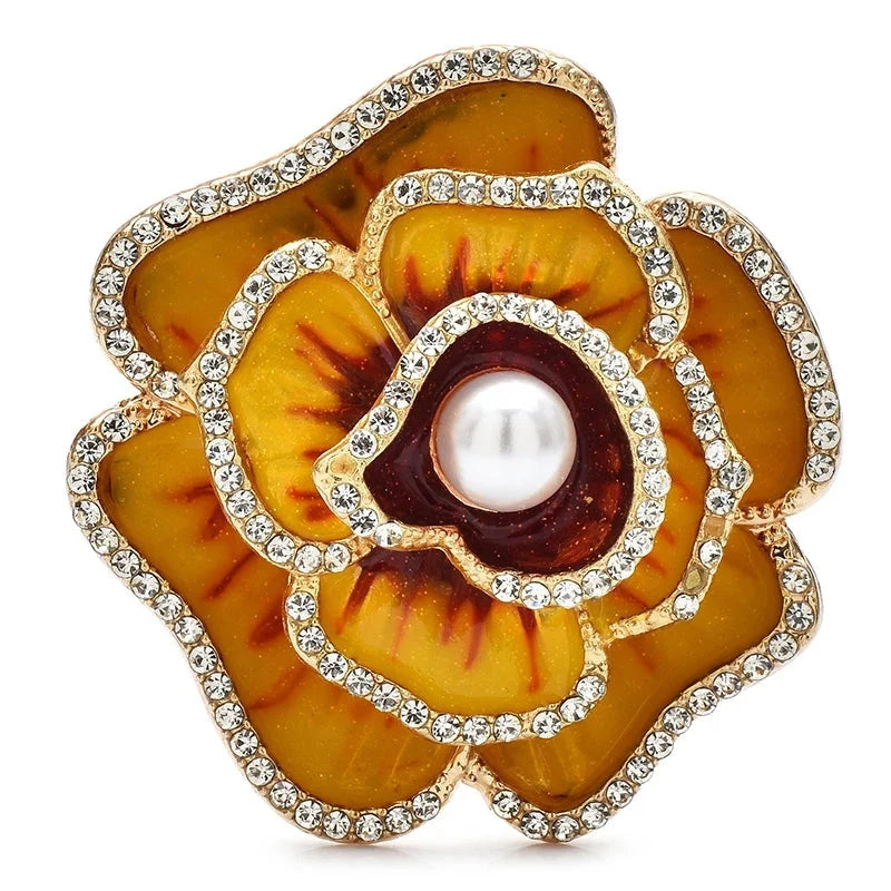 Enamel Crystal Camellia Flower Brooch