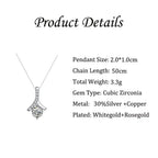 Elegant cubic zirconia pendant necklace with white gold and rose gold plating, product details shown.