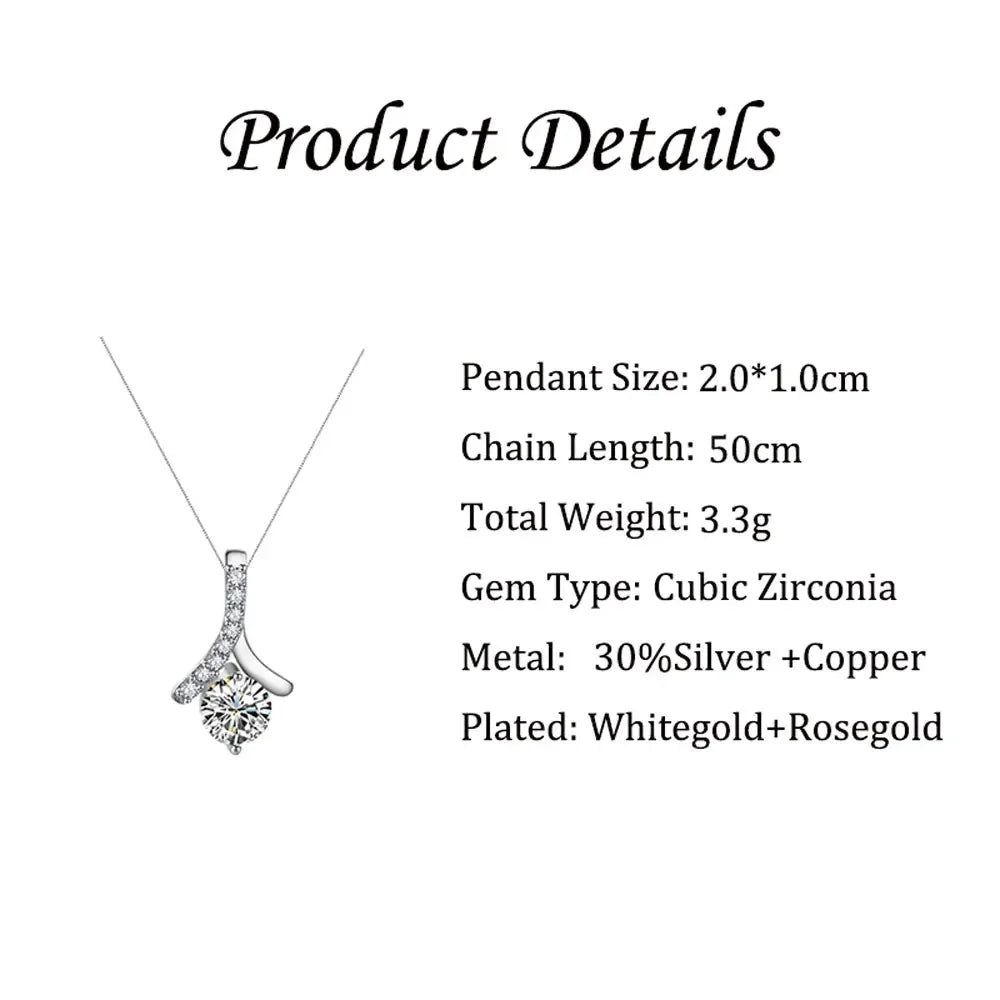 Elegant cubic zirconia pendant necklace with white gold and rose gold plating, product details shown.