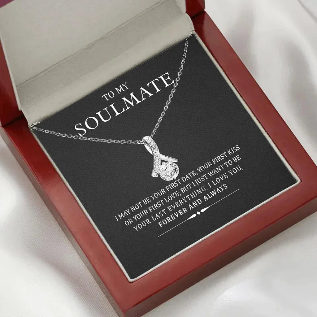 Silver crystal pendant necklace displayed in a gift box with soulmate message, perfect for romantic gifts.