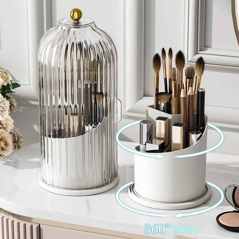 Rotating makeup brush organizer with lid on vanity, holding brushes and cosmetics.