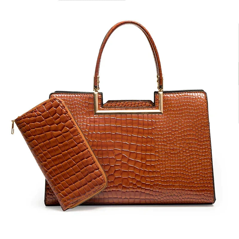 Brown crocodile pattern handbag with matching zip wallet, elegant gold handle