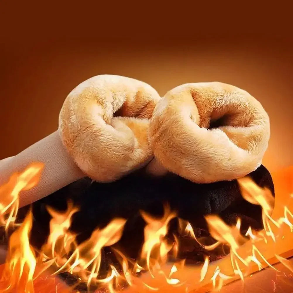 Cozy plush slippers on feet with warm fur lining, surrounded by flames for heat effect
