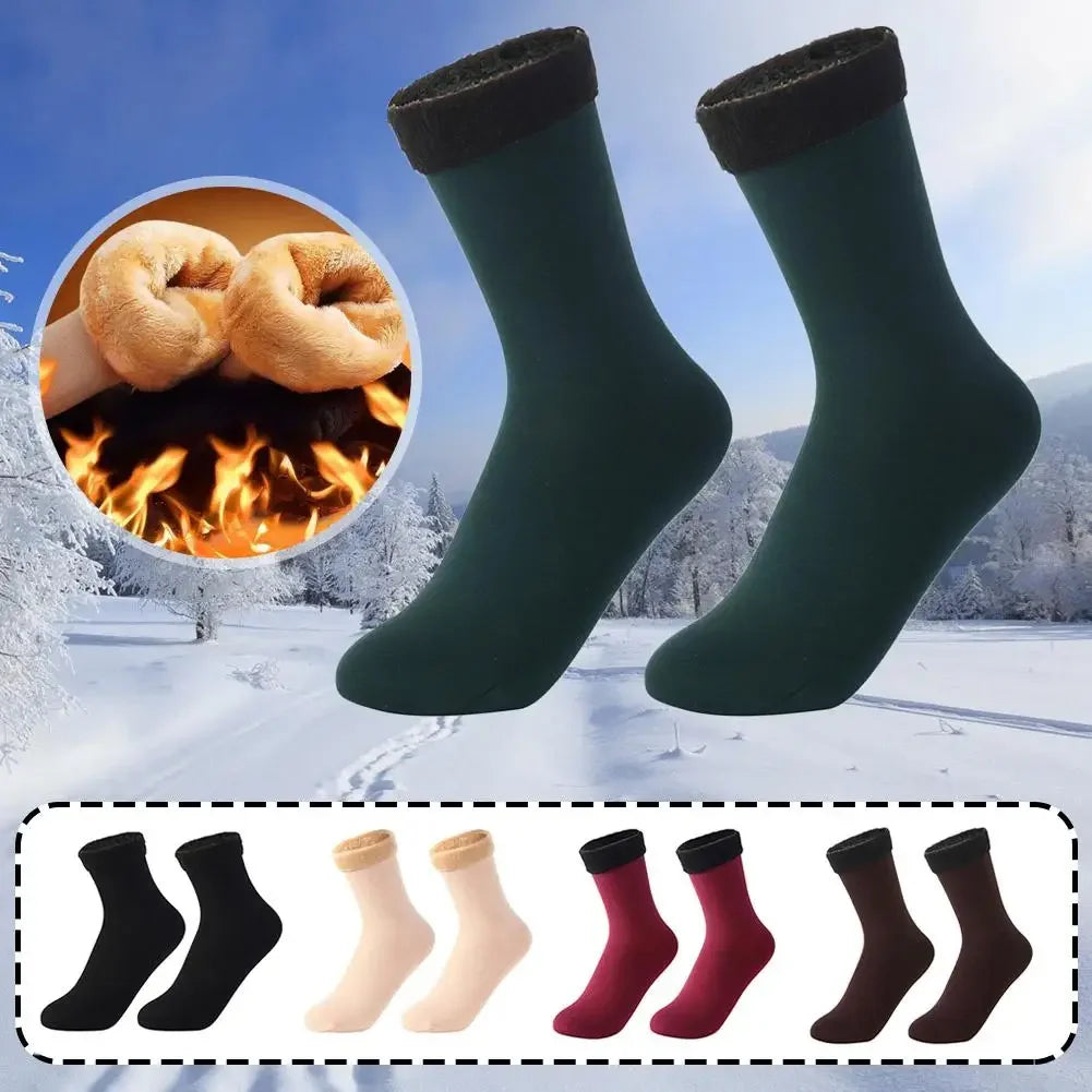 Warm fleece-lined winter socks in various colors, ideal for cold weather, shown on snowy background.