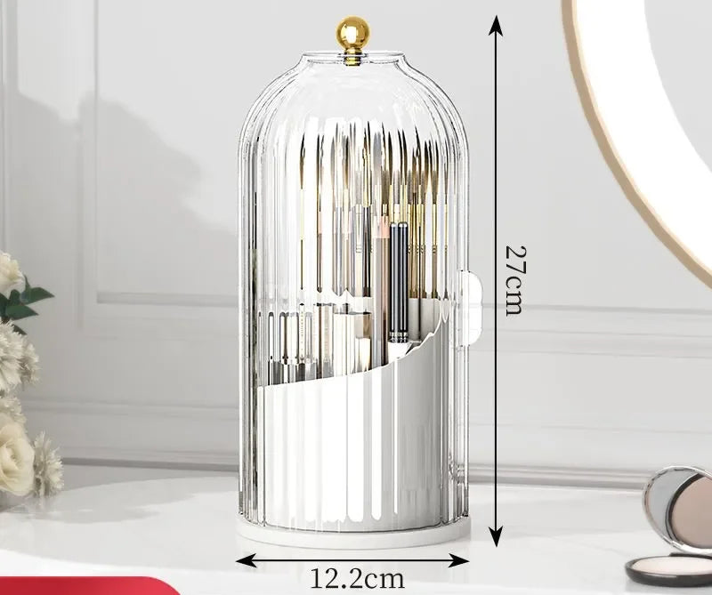 Clear acrylic makeup brush holder with gold knob, 27cm tall, on vanity table